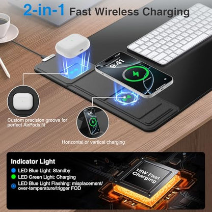 Wireless Charging Mouse Pad with Foldable Phone Holder, 31.5"x15.8", Black