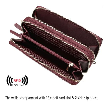 RFID Crossbody Wallet Wristlet Purse with Phone Pocket For Women Vegan Leather - color: Burgundy