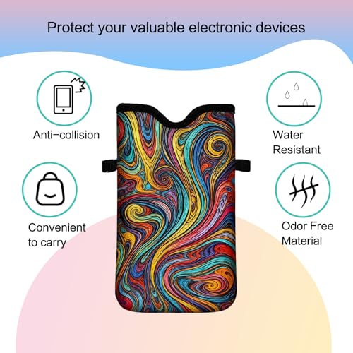 Men Women Neoprene Cell Phone Sleeve Pouch Case Bag with Crossbody Strap/Neck Lanyard 7.5 X 4.3 in (Vibrant Abstract Fluid Swirl Pattern) - color: Vibrant Abstract Fluid Swirl Pattern