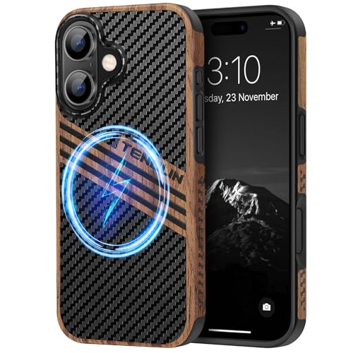 TENDLIN Magnetic Case Compatible with iPhone 16 Phone Case Wood Grain with Carbon Fiber Texture Design Leather Hybrid Slim Cover (Compatible with MagSafe) Three Stripe - color: Magnetic Three Stripe, size: iPhone 16