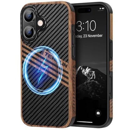 TENDLIN Magnetic Case Compatible with iPhone 16 Phone Case Wood Grain with Carbon Fiber Texture Design Leather Hybrid Slim Cover (Compatible with MagSafe) Three Stripe - color: Magnetic Three Stripe, size: iPhone 16