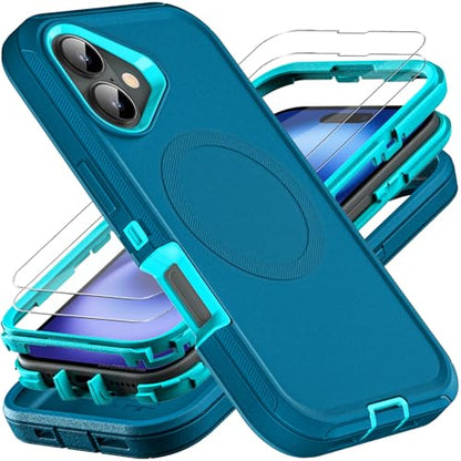 YKHJKLEC for iPhone 16 Case, Compatible with Magsafe, Military Grade 3 in 1 Heavy Duty Shockproof/Drop Proof/Dust Proof Case with 2Pcs Tempered Glass Screen Protector (New-Blue/Turquoise) - color: New-Blue/Turquoise