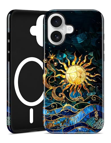 Magnetic Flower Phone Case for iPhone 15, Blue | Compatible with MagSafe, Cute Stained Glass Beach Aesthetic, TPU and PC Protective Phone Cover for Women Men Girls Boys - color: Blue Beach