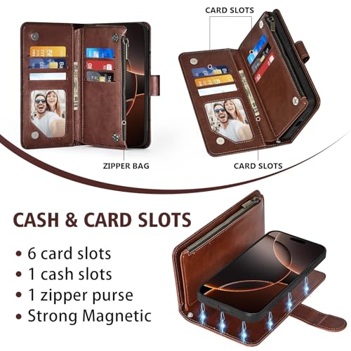 Asuwish Phone Case for iPhone 16 Pro 6.3 inch Zipper Wallet Detachable Cell Cover with Tempered Glass Screen Protector Crossbody Lanyard Strap Flower Card Holder i Phone16 i16 16Pro Women Girls Brown - color: Brown