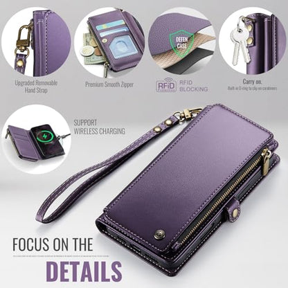 Defencase for iPhone 13 Wallet Case with RFID Blocking Card Holder, Purple | Durable Soft PU Leather, with Zipper Pocket, Wrist Strap, Fashion Snap Flip Phone Cases Cover with Stand for Women and Men - color: Purple
