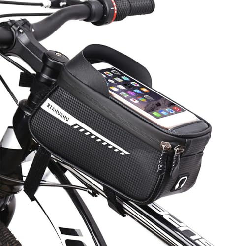 Bike/Bicycle Phone Holder Bag, Bicycle Front Frame Bag, Waterproof Tube Bag, Bike Accessories, Cycling Pouch with TPU Touch-Screen& Sun-Visor Compatible Phone Under 6.5” (Black) - color: Black