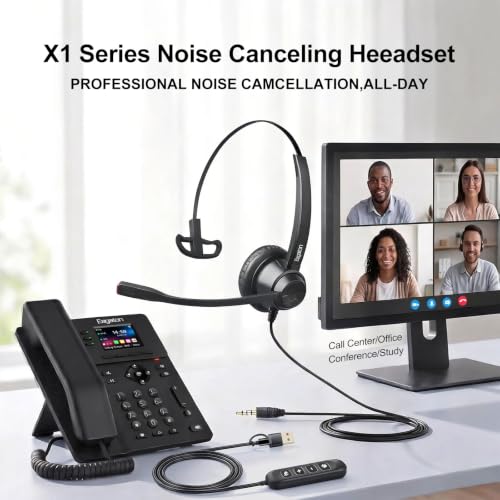 X1 Single Ear Office Headset with USB-C/A & 3.5mm - Noise Cancelling Mic, Inline Volume & Mute Control - Wired Call Center Headset for PC Laptop Phone Zoom Teams