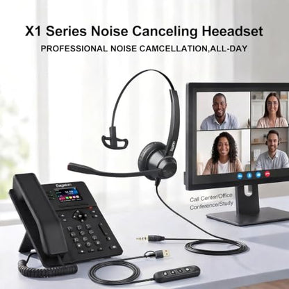 X1 Single Ear Office Headset with USB-C/A & 3.5mm - Noise Cancelling Mic, Inline Volume & Mute Control - Wired Call Center Headset for PC Laptop Phone Zoom Teams