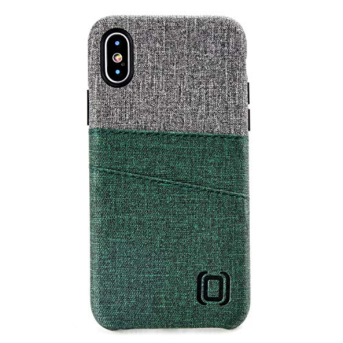 Dockem Luxe Wallet Case for iPhone X/XS: Slim Minimalist Case w/ 2 Credit Card Holder Slots: UltraGrip Canvas Style Synthetic Leather (Green and Grey) - color: Green and Grey