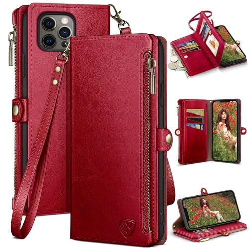 XcaseBar Compatible with iPhone 13 Pro 6.1" Wallet case with Zipper Credit Card Holder【RFID Blocking】,Flip Folio Book PU Leather Phone case Shockproof Cover Men Women for Apple 13 Pro case Red - color: Red