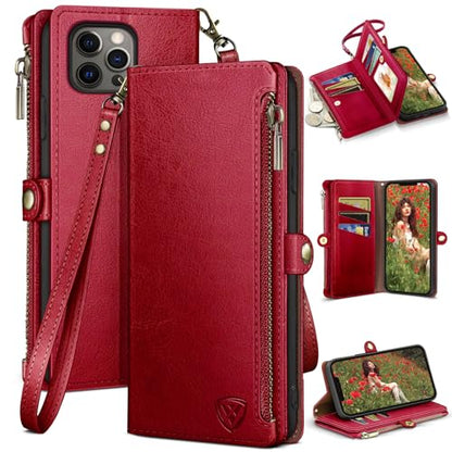 XcaseBar Compatible with iPhone 13 Pro 6.1" Wallet case with Zipper Credit Card Holder【RFID Blocking】,Flip Folio Book PU Leather Phone case Shockproof Cover Men Women for Apple 13 Pro case Red - color: Red