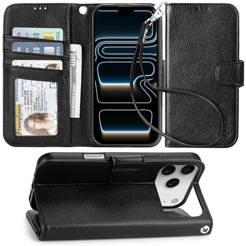 Arae Compatible with iPhone 17 Pro Case Wallet with Card Holder, Wristlet Strap Wallet Flip Cover for iPhone 17 Pro 6.3 inch Men/Women, RFID Blocking, Kickstand Litchi Black - color: Litchi Black, size: iPhone 17 Pro 6.3 inch
