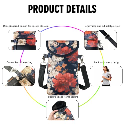 Neoprene Phone Sleeve Pouch Case Bag for Men Women w/Crossbody Strap/Neck Lanyard for iPhone 17/16/15/14 Pro Max, Samsung S25，Pixel 10 - color: Peony and Daisy on Black