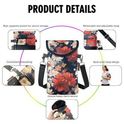 Neoprene Phone Sleeve Pouch Case Bag for Men Women w/Crossbody Strap/Neck Lanyard for iPhone 17/16/15/14 Pro Max, Samsung S25，Pixel 10 - color: Peony and Daisy on Black
