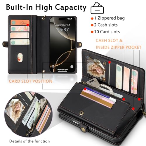 for Wallet Case Compatible with iPhone 16 Pro Max,Multi-Function Detachable 2 in 1 Magnetic iPhone 16 Pro Max Case Wallet,Flip Strap Zipper Card Holder Phone Case with Shoulder Straps (Black) - color: Black, size: iPhone 16 pro max
