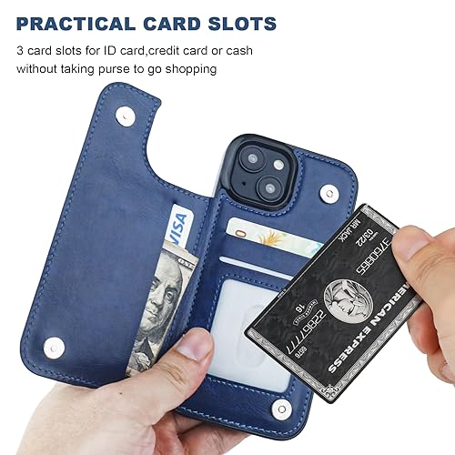 ONETOP for iPhone 15 Wallet Case with Credit Card Holder,Blue | Kickstand,ID/Cash Holder,Case Wallet with Card Slots,Double Magnetic Clasp,Durable PU Leather Shockproof Cover for Women Men - color: Blue