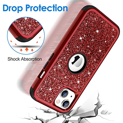 Hython Case for iPhone 13 Case Glitter, Cute Sparkly Shiny Bling Sparkle Cover, Heavy Duty 3 in 1 Hybrid Hard PC Soft TPU Bumper Full Body Shockproof Protective Phone Cases for Women Girls, Red - color: Red