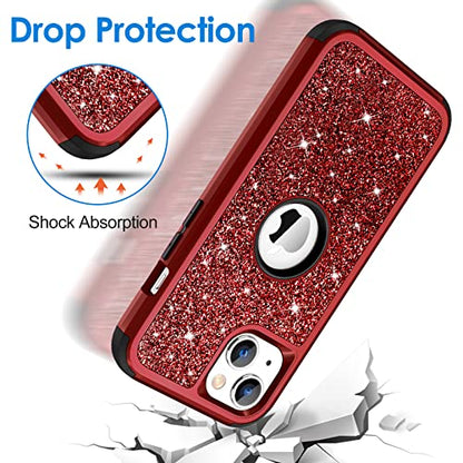 Hython Case for iPhone 13 Case Glitter, Cute Sparkly Shiny Bling Sparkle Cover, Heavy Duty 3 in 1 Hybrid Hard PC Soft TPU Bumper Full Body Shockproof Protective Phone Cases for Women Girls, Red - color: Red