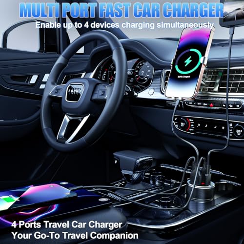 78W 4-Port USB C Car Charger Fast Charging Real-Time LED Voltmeter - color: Black
