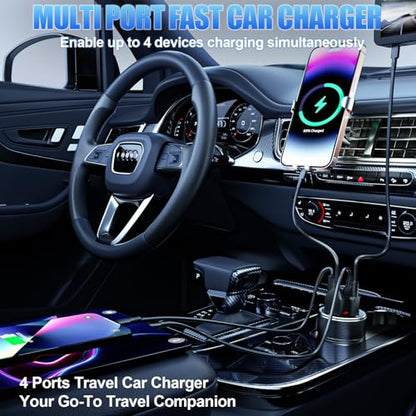 78W 4-Port USB C Car Charger Fast Charging Real-Time LED Voltmeter - color: Black
