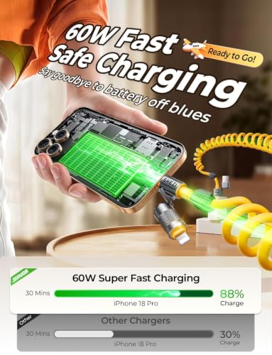 4 in 1 Coiled USB C Cable, 60W USBC to Lightning Cable Combo for Car, 5FT - color: Yellow, size: 60W, style: Coiled Cable