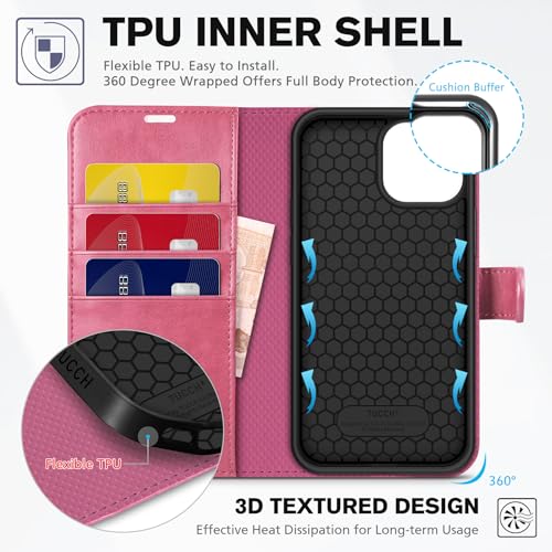 TUCCH Case Wallet for iPhone 13 (6.1") 2021, RFID Blocking Folio, Hot Pink | 3 Card Holders, Kickstand, PU Leather, Magnetic Closure, Shockproof TPU Shell, Protective Flip Cover - color: Hot Pink