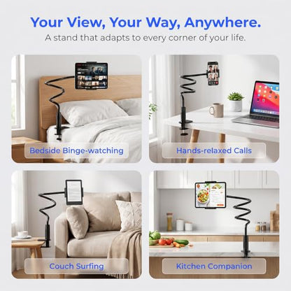 Phone Holder for Bed, Adjustable Stable Metal Cell Stand Mount for Desk Table BedHeadboard, Bed, Bedside, Table, Flexible Long Arm Stand, Overhead Cell Phone Clamp Mount,for All 4-7” Device