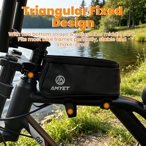 AMYET WB01 Large Waterproof Bike/Bicycle Phone Front Frame Bag,Water-resistant Tube Bag Phone Holder with Touchscreen & Storage,Cycling Pouch, Navigation Bike Accessories for Phone Under 7", Black
