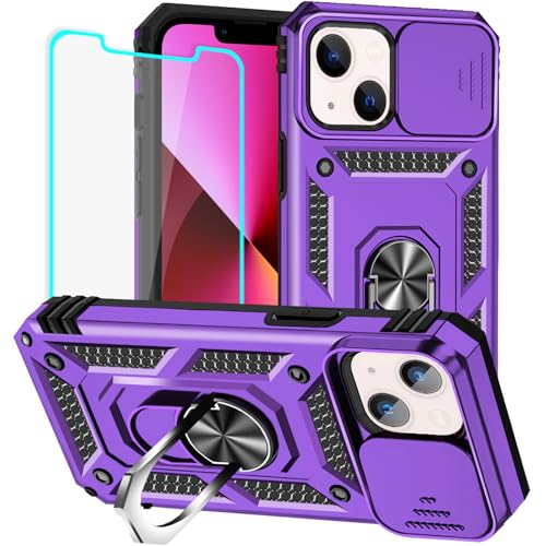 HNHYGETE for iPhone 13 Case with HD Screen Protector: [Military Grade 20ft. Drop Tested] Slide Camera Cover Ring Shockproof Protective Phone Case for - iPhone 13 (Purple) - color: Purple, size: iPhone 13