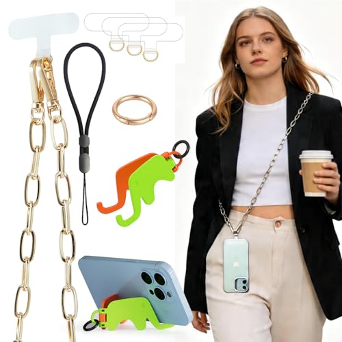 Crossbody Phone Strap Detachable Cell Phones Lanyard Chain Shoulder Neck with Wrist Strap Charm Finger Grip 3 Patches Tether Stand Holder Anti Theft Universal for iPhone 17 16 15 All Phones Gold - color: Gold Chain