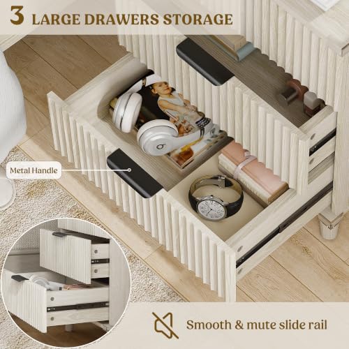 Wood Nightstands Set of 2 w/Charging Station, 3 Drawers Fluted Dresser - color: Grey White, size: 3 Drawers-Set of 2 Nightstand