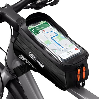 Bike Phone Bag with TPU Sensitive Touch, Waterproof Top Tube Bicycle Front Frame Bag, 1.9L Large Capacity EVA Hard Shell Mount Bike Phone Holder Bag Under 7", Handlebar Bag Bike Accessories