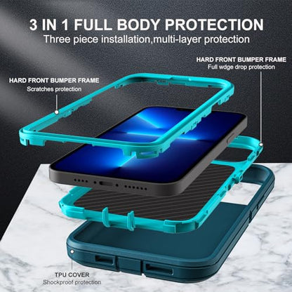 YKHJKLEC for iPhone 13 Pro Max Case, Compatible with Magsafe, Military Grade 3 in 1 Heavy Duty Shockproof/Drop Proof/Dust Proof Case with 2Pcs Tempered Glass Screen Protector (New-Blue/Turquoise) - color: New-Blue/Turquoise