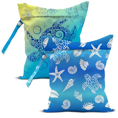 2-Pack Reusable Waterproof Wet Bags, Sea Turtle & Ocean Pattern Wet Dry Bag, Leak Proof Storage Pouch for Swimsuit Baby Clothes Travel Diaper Bag - color: Turtle1