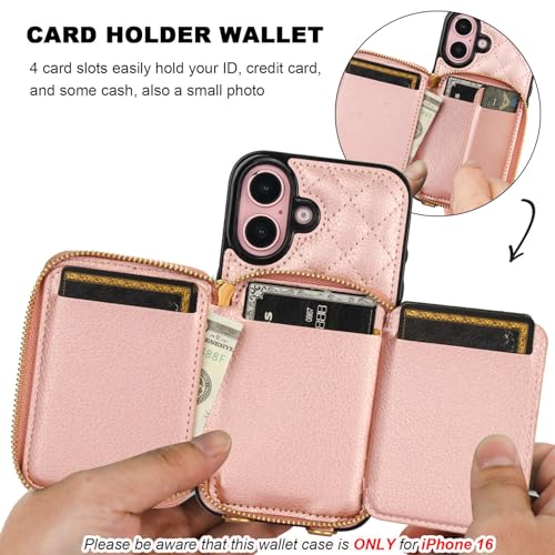 Bocasal Crossbody Wallet Case Card Holder for iPhone 16, Rose Gold | RFID Blocking PU Leather Zipper Handbag Purse, Kickstand Flip Folio Case with Card Slots Holder Wrist Strap Lanyard 6.1 Inch - color: Rose Gold