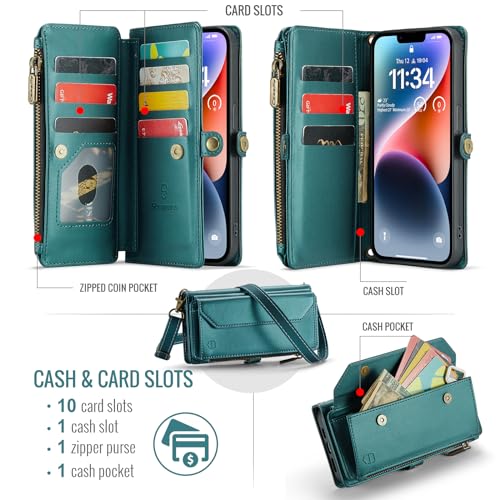 Strapurs Wallet Case Compatible with iPhone 14 Plus RFID Blocking 10-Card Holder Soft PU Leather Magnetic Snap Shoulder Strap Zipper Pocket Phone Case Fit for iPhone 14 Plus 6.7" - Blue Green | RFID Blocking 10-Card Holder, Shoulder Lanyard, Wirst Strap,