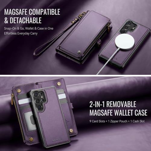 Defencase for Galaxy S23 Ultra Case Wallet Compatible with Magsafe, Purple | Magnetic Detachable, RFID Bolcking Card Holder, Zipper Strap, PU Leather Drop-Proof Phone Cover for Samsung Galaxy S23 Ultra - color: (Detachable with Magsafe)-Purple