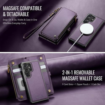 Defencase for Galaxy S22 Ultra Case Wallet Compatible with Magsafe, Purple | Magnetic Detachable, RFID Bolcking Card Holder, Zipper Strap, PU Leather Drop-Proof Phone Cover for Samsung Galaxy S22 Ultra - color: (Detachable with Magsafe)-Purple
