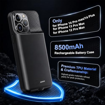 Battery Case for iPhone 14 Pro Max/14 Plus/13 Pro Max/12 Pro Max, Rechargeable Case Charger Soft TPU Anti-Slip Slim 8500mAh 15W Fast Charging Juice Box for 12/13/14 Pro Max/14 Plus 6.7inch-Black
