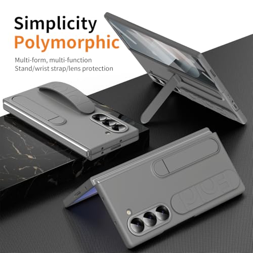 for Samsung Galaxy Z Fold 6 Protect Case with Wristband Stand,Bulit-in Screen & Lens Protection Shockproof Full Body Drop Fall Protection.(Grey) - color: Grey