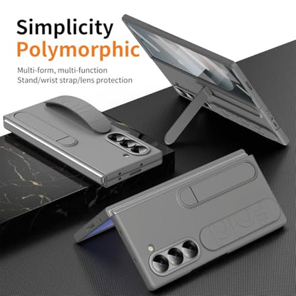 for Samsung Galaxy Z Fold 6 Protect Case with Wristband Stand,Bulit-in Screen & Lens Protection Shockproof Full Body Drop Fall Protection.(Grey) - color: Grey