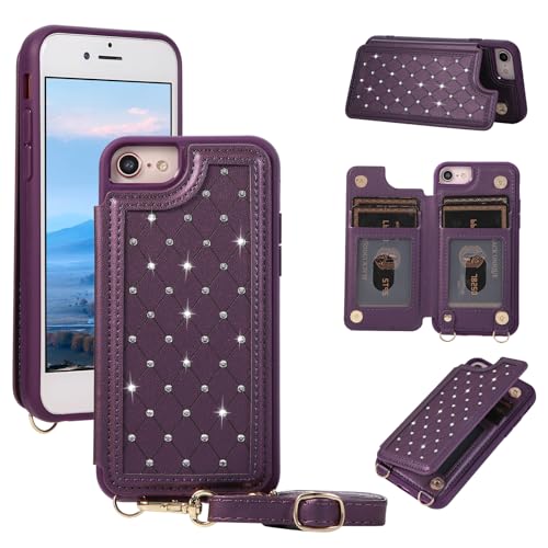 for iPhone 7/8/SE 2022/SE 2020 Wallet Case with Card Holder Slots and Strap, RFID Blocking Magnetic Flip Folio Cover, Crossbody Purse Protection Case with Kickstand,Deep Purple Diamond - color: Deep Purple Diamond, size: iPhone 7/8/SE 2022/SE 2020(6.6")