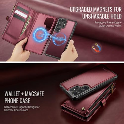 Defencase for Galaxy S23 Ultra Case Wallet Compatible with Magsafe, WineRed | Magnetic Detachable, RFID Bolcking Card Holder, Zipper Strap, PU Leather Drop-Proof Phone Cover for Samsung Galaxy S23 Ultra - color: (Detachable with Magsafe)-Wine Red