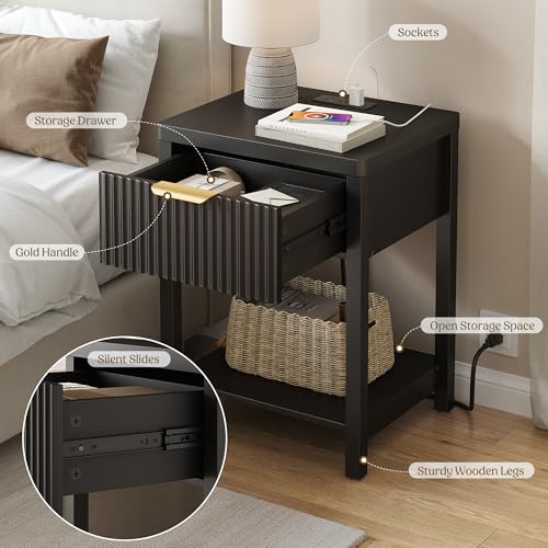 Night Stand Set 2, Fluted Wood Nightstands w/Charging Station for Bedroom - color: Black, size: 1 Drawer-Set of 2 Nightstand