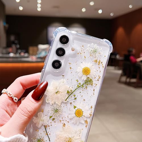 Compatible with Samsung Galaxy S25 Plus Case Cute Pressed Dried Real Flowers Women Girly Shockproof Glitter Floral Clear Phone Cover S25+ (White Flower) - color: White Flower, size: Samsung S25 Plus