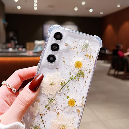 Compatible with Samsung Galaxy S25 Plus Case Cute Pressed Dried Real Flowers Women Girly Shockproof Glitter Floral Clear Phone Cover S25+ (White Flower) - color: White Flower, size: Samsung S25 Plus
