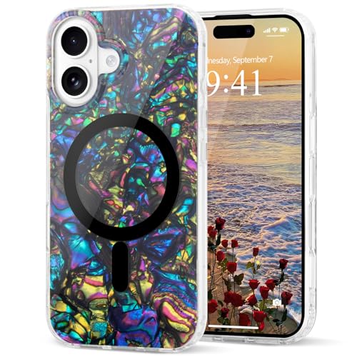 for iPhone 16 Cute Girly Women Case Sparkle Seashell,Black | Compatible with Magsafe Slim Colorful Sparkle Seashell Pattern Translucent Cover Soft TPU Protective Magnetic Bumper Case - color: Black, size: iPhone 16