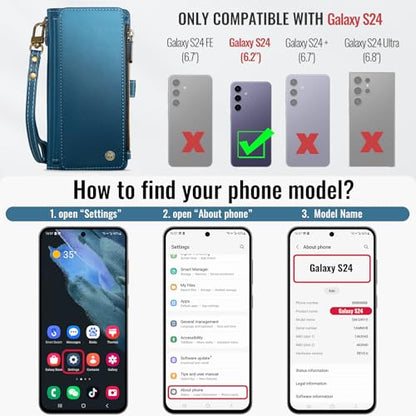 Defencase for Samsung Galaxy S24 Wallet Case with RFID Card Holder, Blue | Durable Soft PU Leather, with Zipper Pocket, Wrist Strap, Fashion Snap Flip S24 Phone Cases Cover with Stand for Women Men - color: Ocean Blue