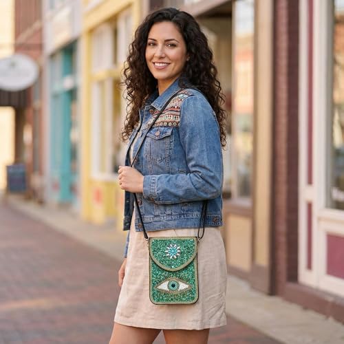 Small Crossbody Bags for Women, Cell Phone Shoulder Bag Boho Wallet Purse - color: Green