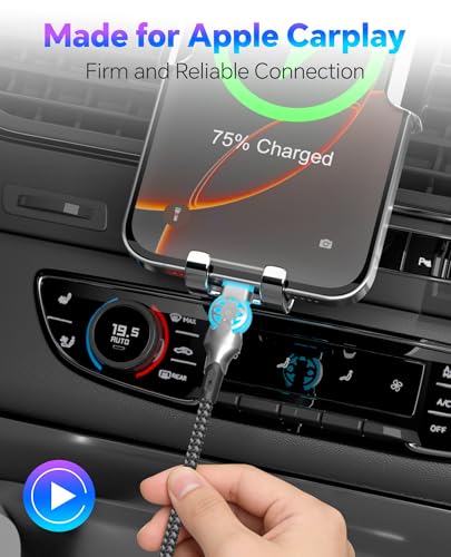 90 Degree Lightning Cable with 180° Rotating iPhone Charger Head - 6.6FT Right Angle Lightning Cable Swivel Charger Cord with MFi, 2.4A Fast Charging, Data Sync, Apple Carplay for iPhone14 13 12 11 X